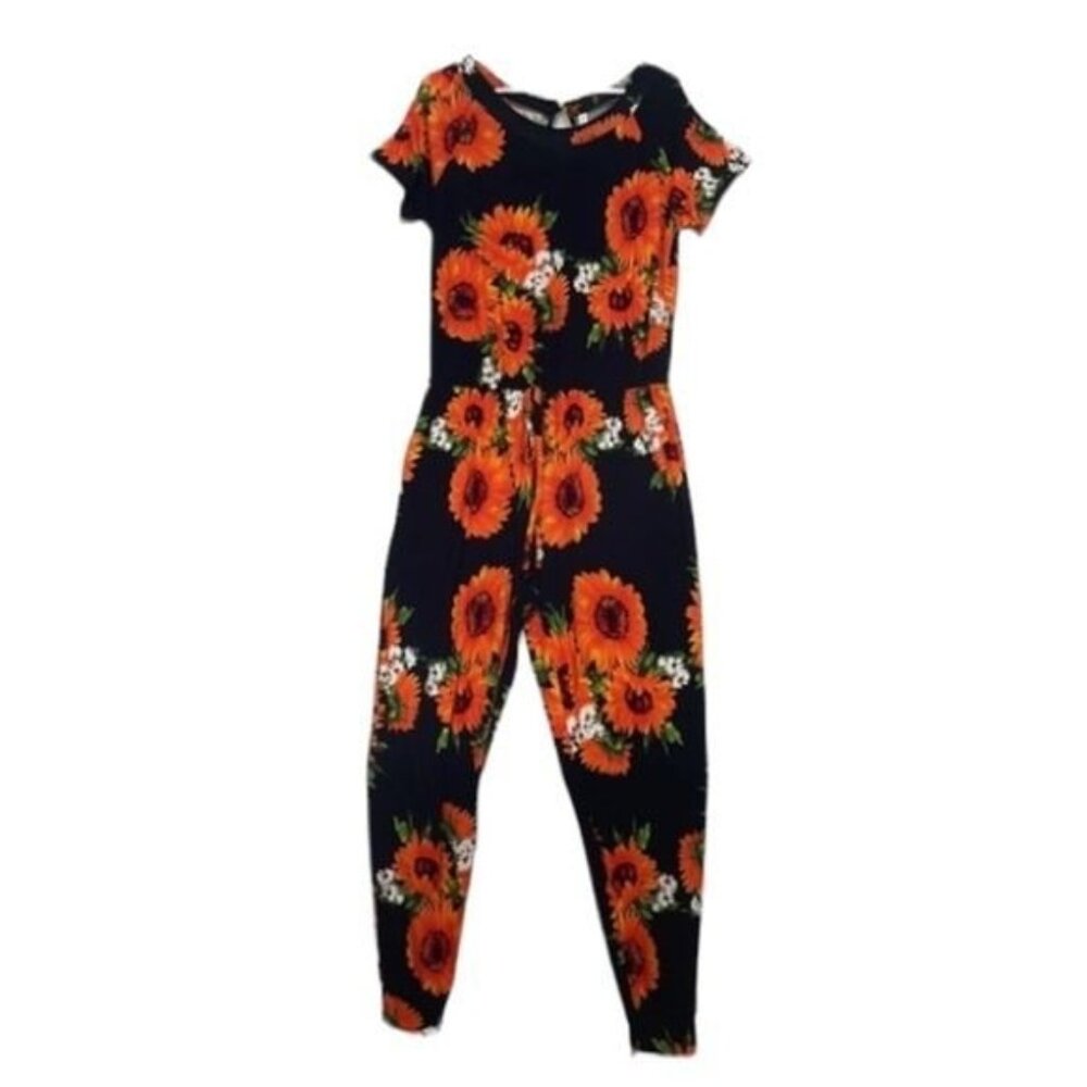 DouBCQ Jumpsuit NWT with Pockets, Soft Knit, Floral Black & Orange, Large